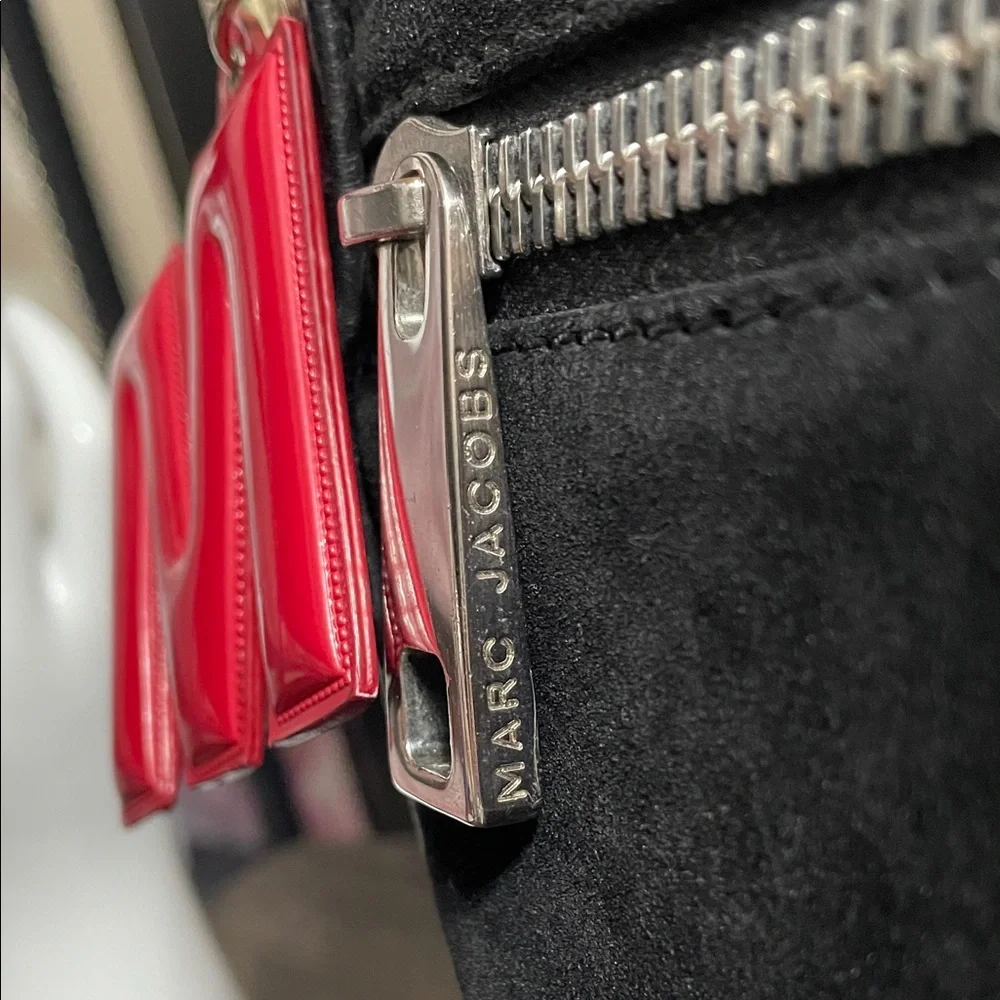 Marc Jacobs Suede Vintage Black Crossbody with Cream Strap and Red M Charm